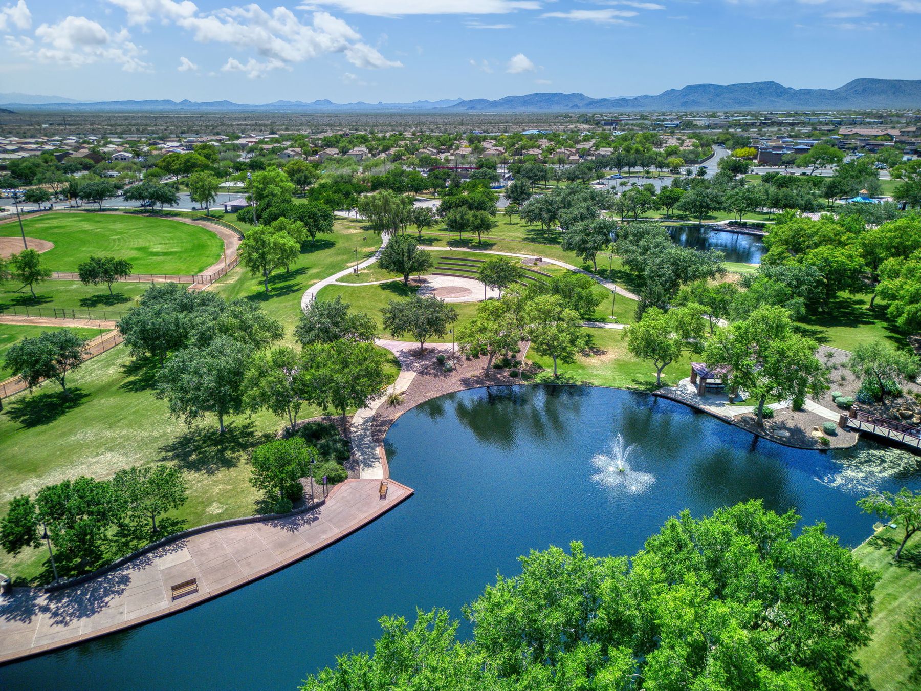 Aerial view of Anthem Community Park and lake in Anthem, Arizona