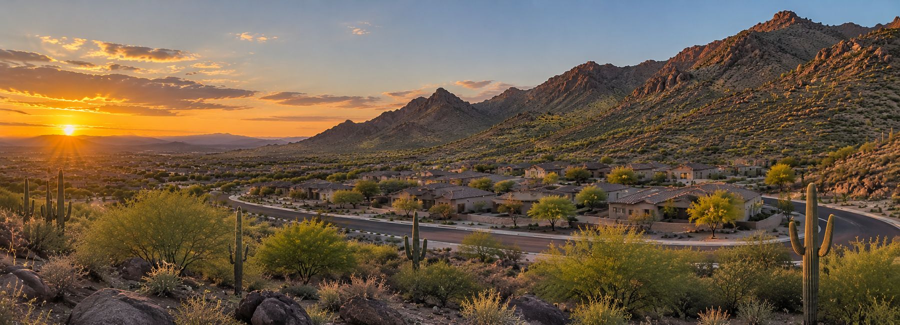 New subdivision at sunset against the mountains in the Phoenix West Valley